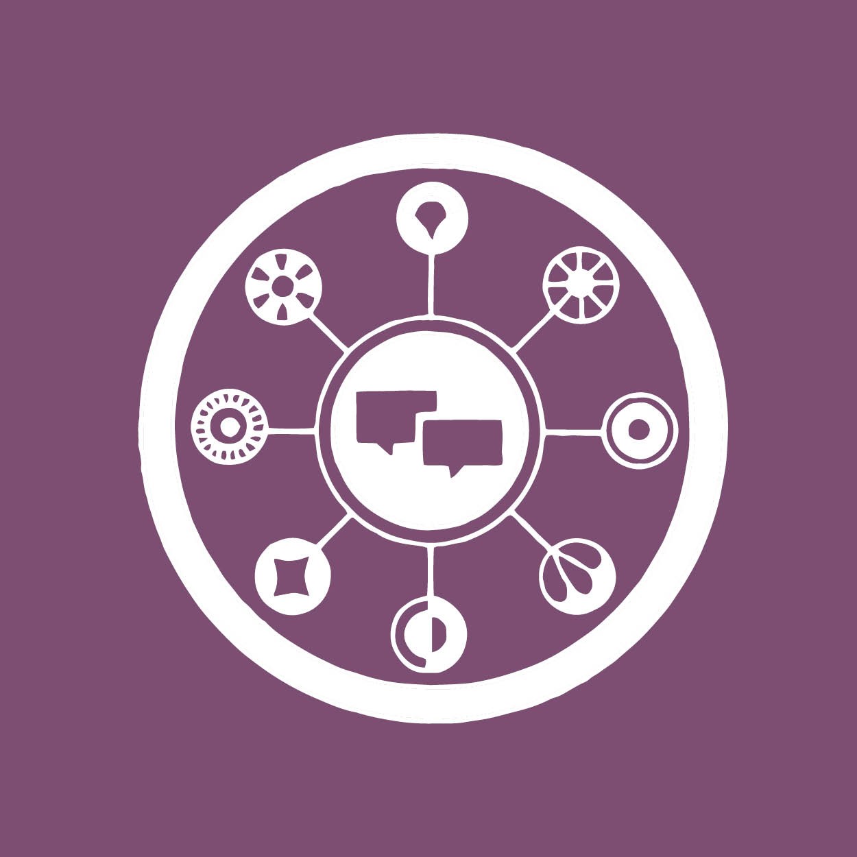 Icon designed by Sandeep Johal: Speech bubbles in a circle surrounded by other icons of various shapes
