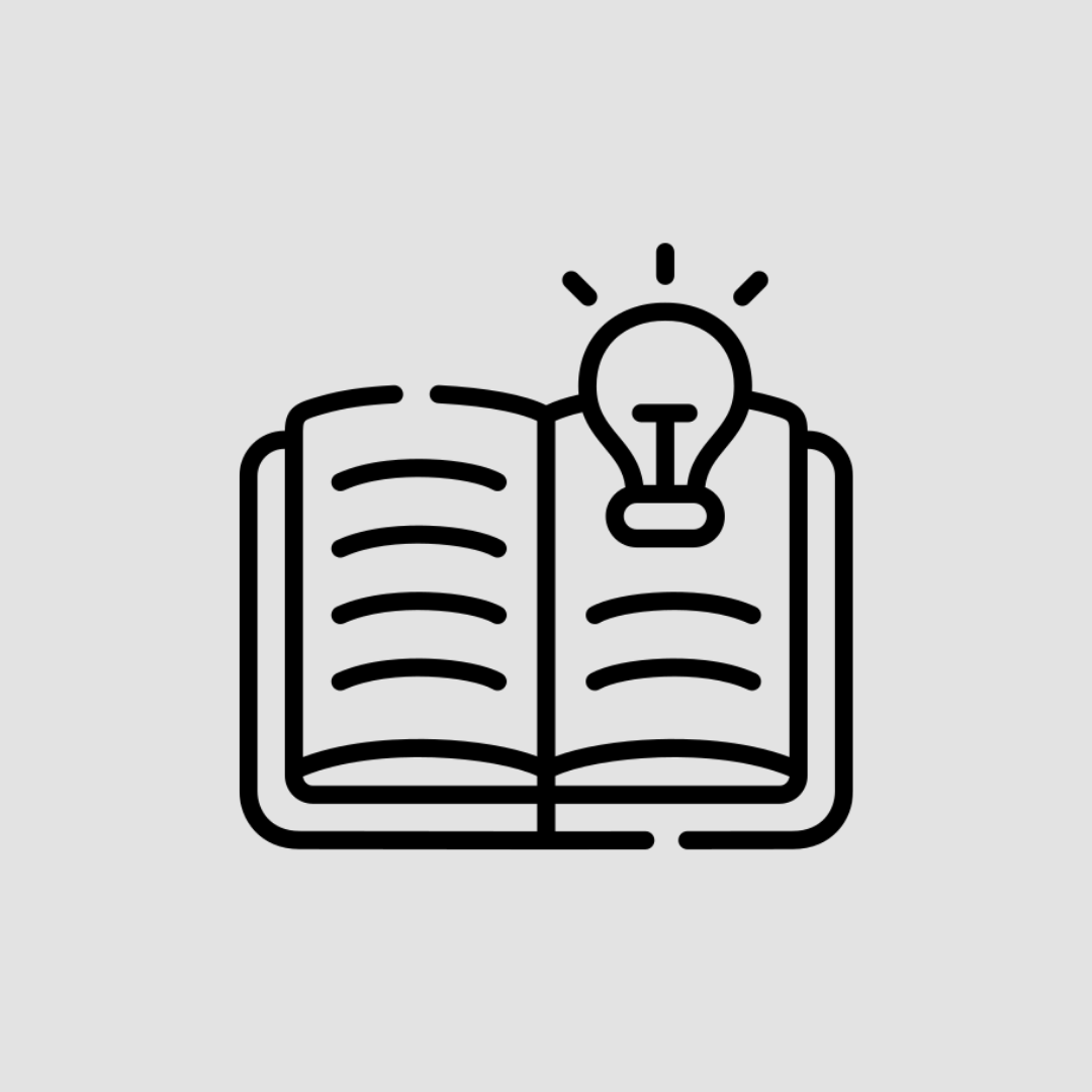 Tile with link to resources- Black icon of an open book with a lightbulb on it on a light grey background.